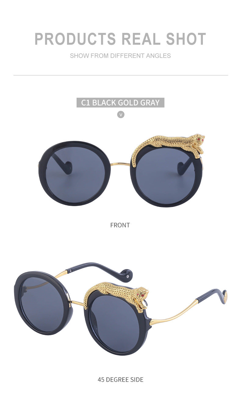 2025New Anti-Blue Light Glasses for Women Leopard Head Diamond-Studded European and American Round Frame Sunglasses Trendy Large Frame Sunglasses High-End Feel