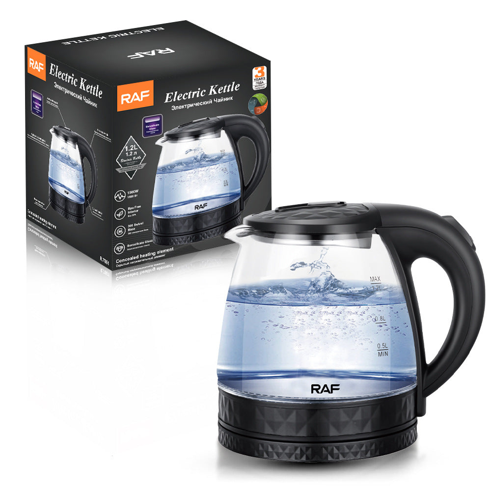 RAF European Standard Electric Kettle Stainless Steel Transparent Glass Small Household Electric Kettle for Home Use1.2L