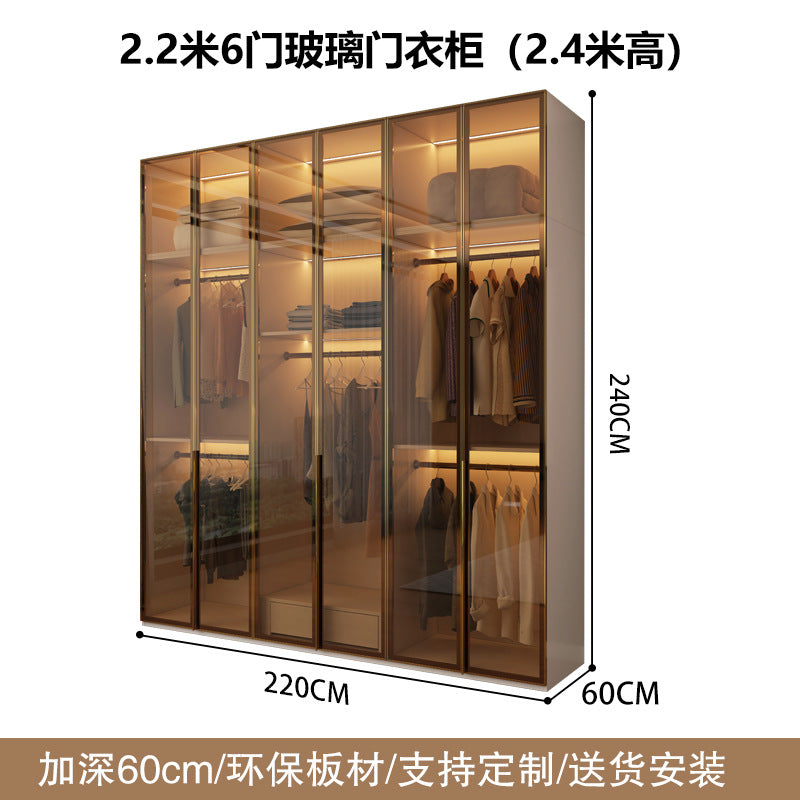 Glass Door Wardrobe with Lights, Solid Wood, Home Bedroom, Modern Simple European Pine Board, Cream Color, Skin Feel Storage, Large Wardrobe