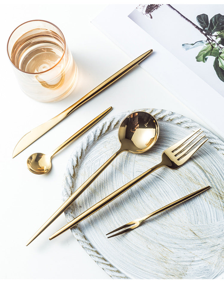 Portuguese Tableware304Glossy Round Handle Main Dinner Knife Fork Spoon Thick Mirror Dessert Spoon Fruit Fork Ice Spoon