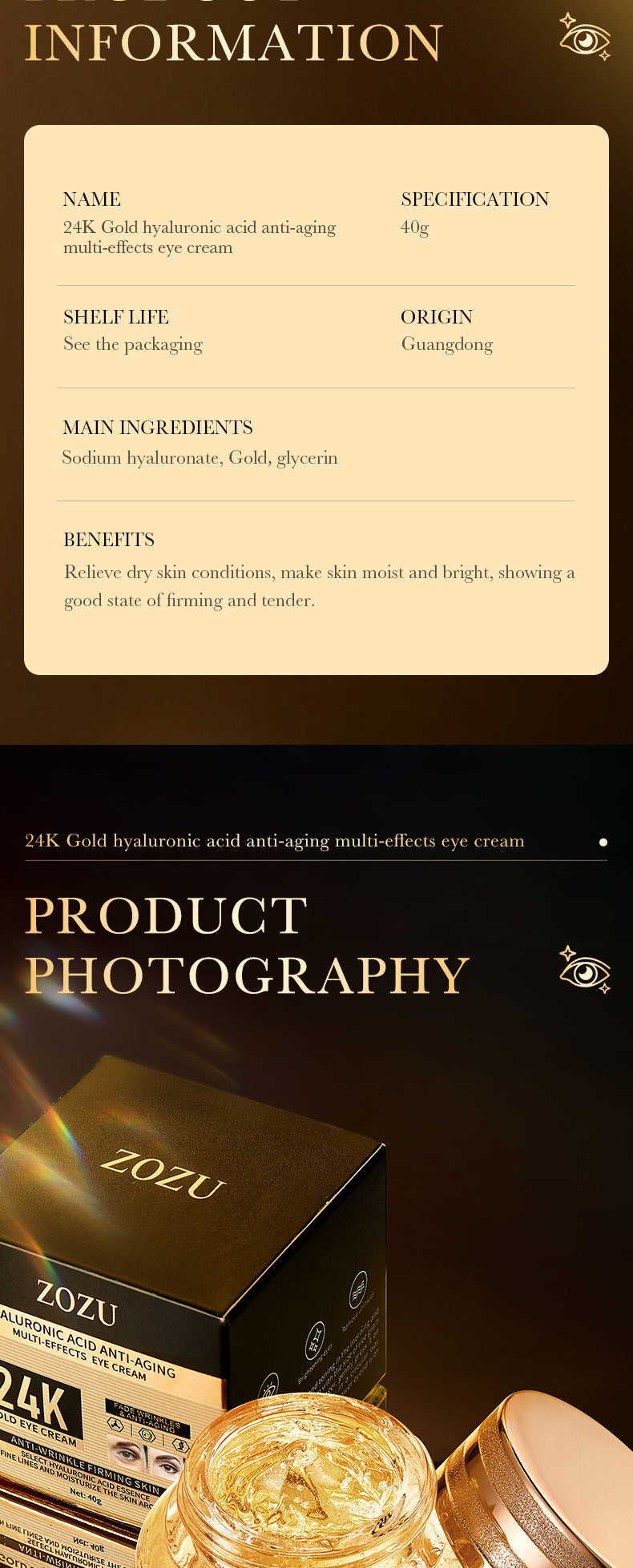 24K Gold Eye Cream ZOZU Hyaluronic Acid Improves Dark Circles and Eye Wrinkles  Wholesale