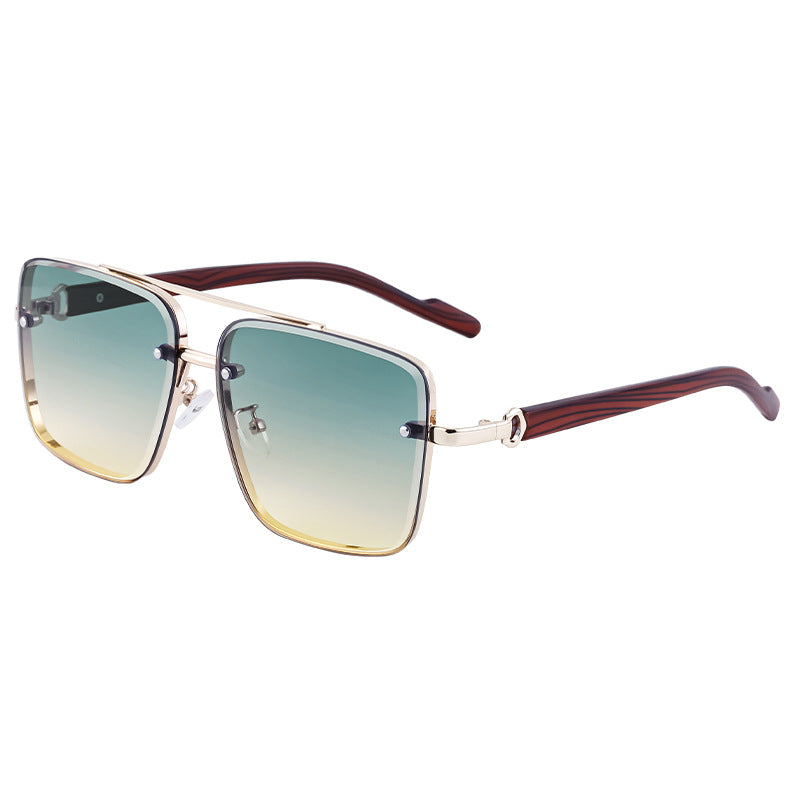 European and American Style Square Frame Cut Edge Sunglasses for Men with Imitation Wood Grain Temples, Men's Trendy Wholesale sunglass