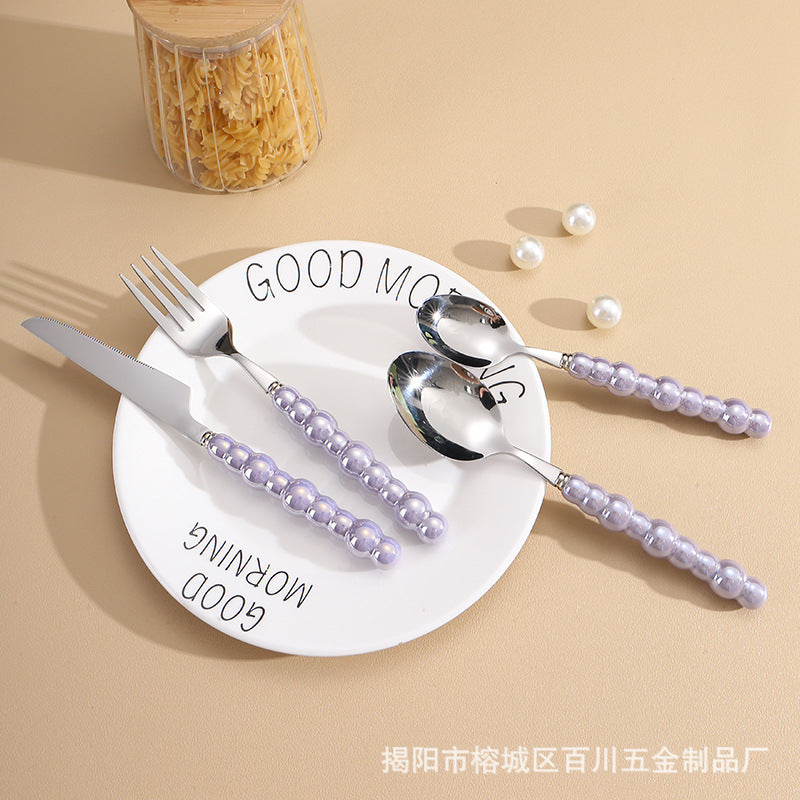 Pearl Ceramic Handle Knife European Style Set Light Luxury Nordic Style304Stainless Steel Western Cutlery Knife Fork Spoon INS