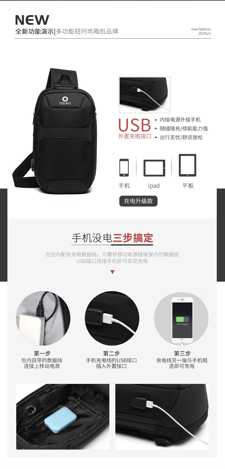 OZUKO Anti-theft Men's Chest Bag Waterproof Oxford Cloth Single Shoulder Crossbody Bag Chest Portable Multifunctional Trendy Bag