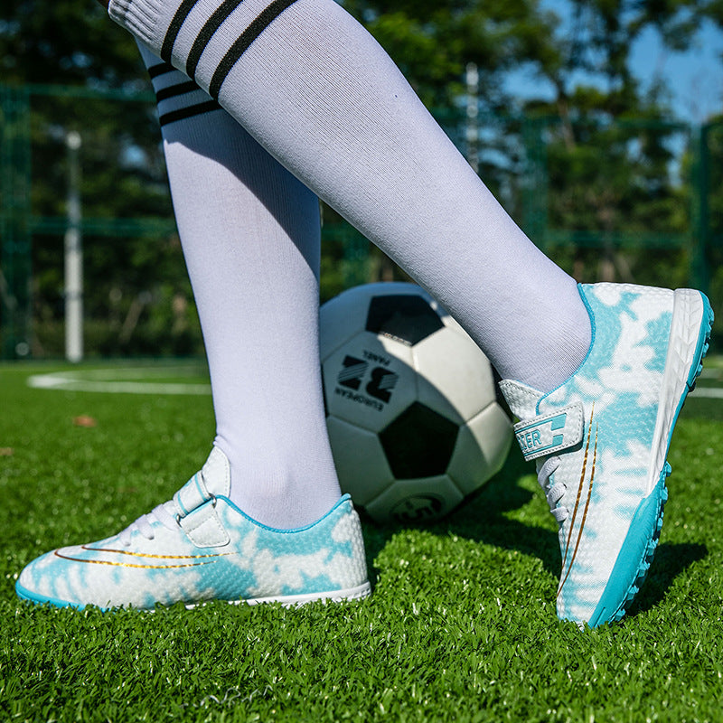 New Football Shoes for Men and Women, Children's Low-top Anti-collision Spike Magic Tape No-tie Grass Training Sports Shoes