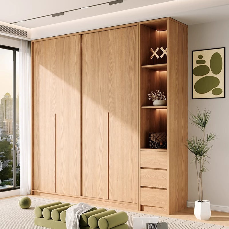 All Solid Wood Oak Sliding Door Wardrobe for Home Bedroom North American Style Small Apartment Sliding Door Cabinet Sliding Door Closet