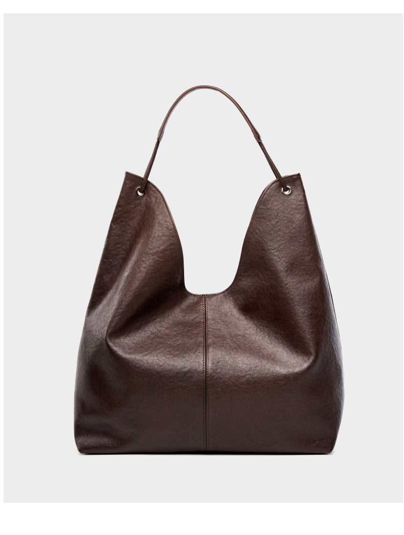 New Vegetable-Tanned Leather Trendy Large-Capacity Textured Tote Bag Versatile Shoulder Bag for Class and Commuting