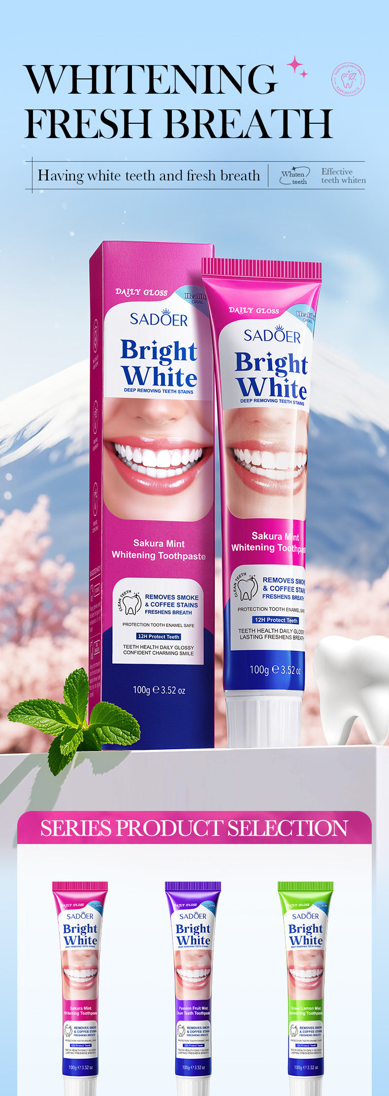 Sakura Mint Whitening Toothpaste SADOER Teeth Cleaning Oral Toothpaste Cross-Border Wholesale