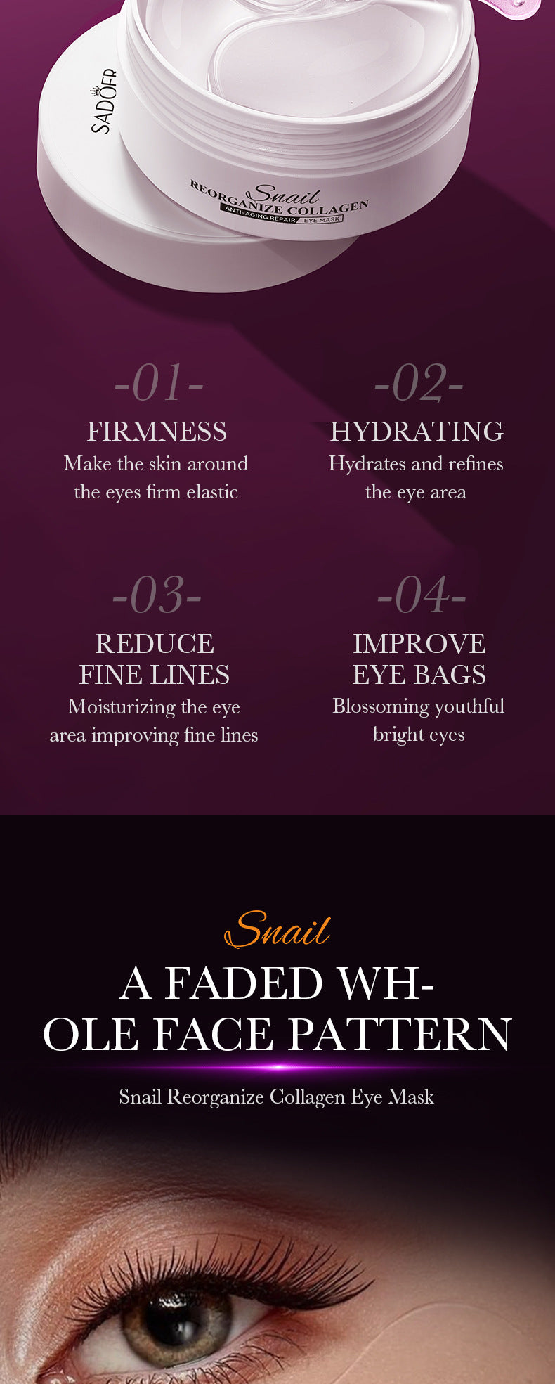Snail Eye Mask SADOER Collagen improves dark circles, eye wrinkles, and eye bags cross-border wholesale