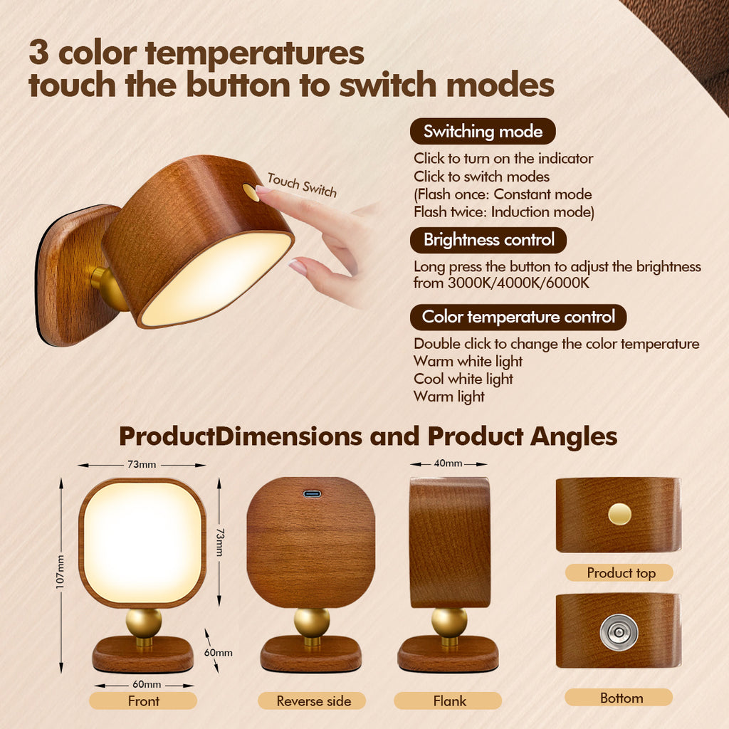 Square Solid Wood Sensor Light New Creative Cabinet Light Bedside Bedroom Smart LED Radar Human Body Night Light