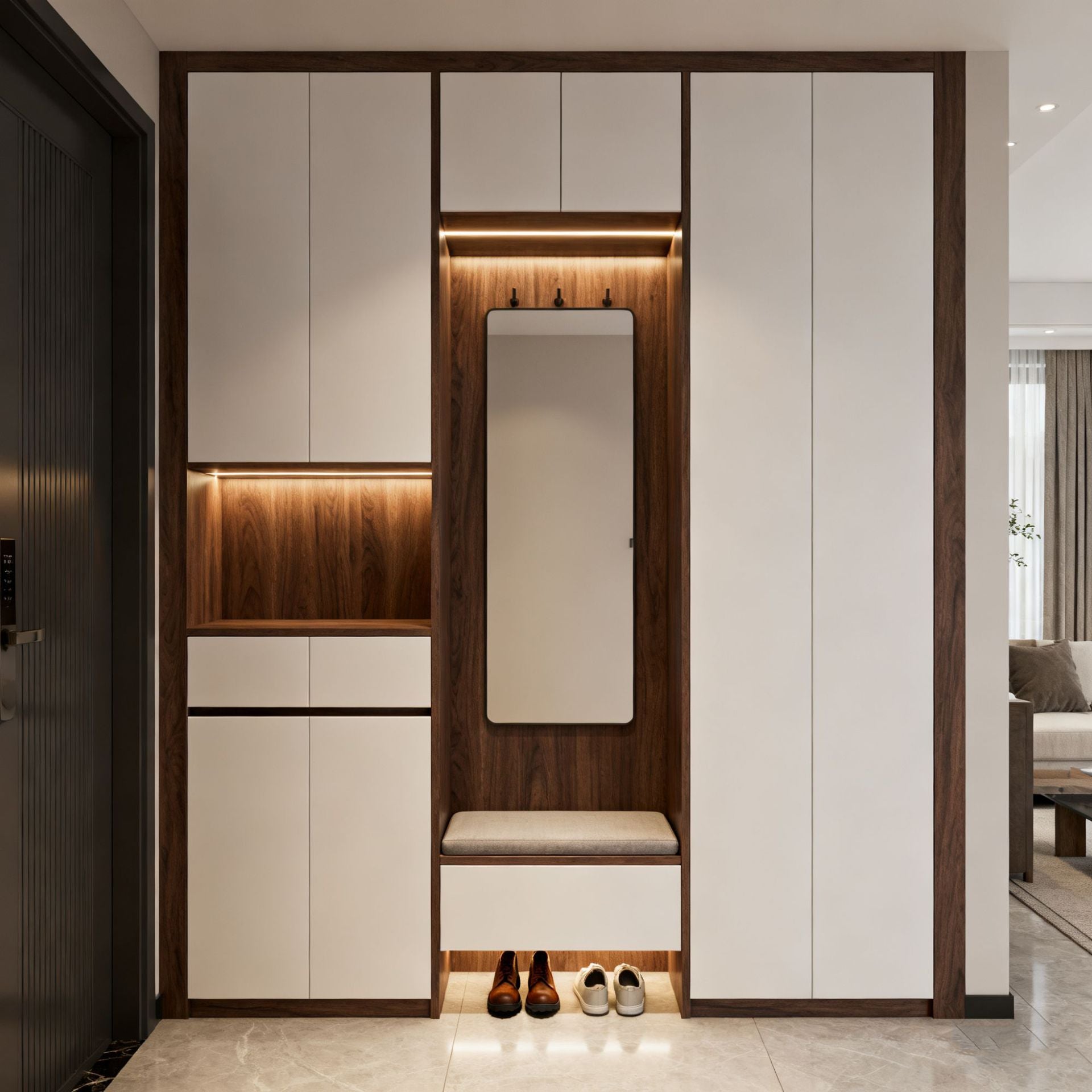 Custom Full Aluminum Shoe Cabinet for Home Entrance, Integrated Bench and Large Capacity Storage for Living Room Entryway Design