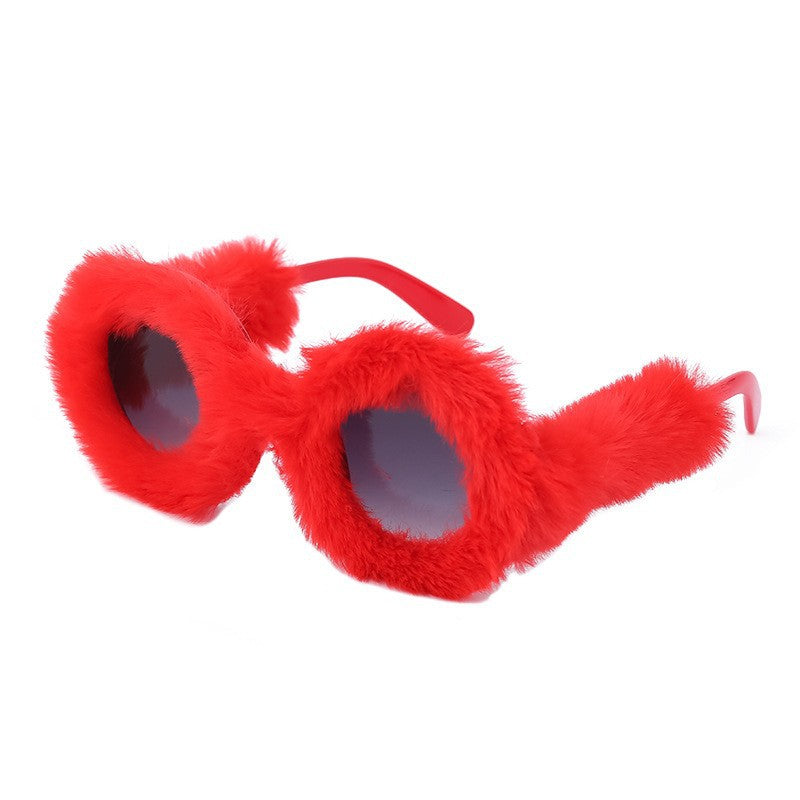 Full Coverage Plush Sunglasses Fashion Round Frame Women's Internet Celebrity Same Style Sunglasses Women's European and American Sunglasses