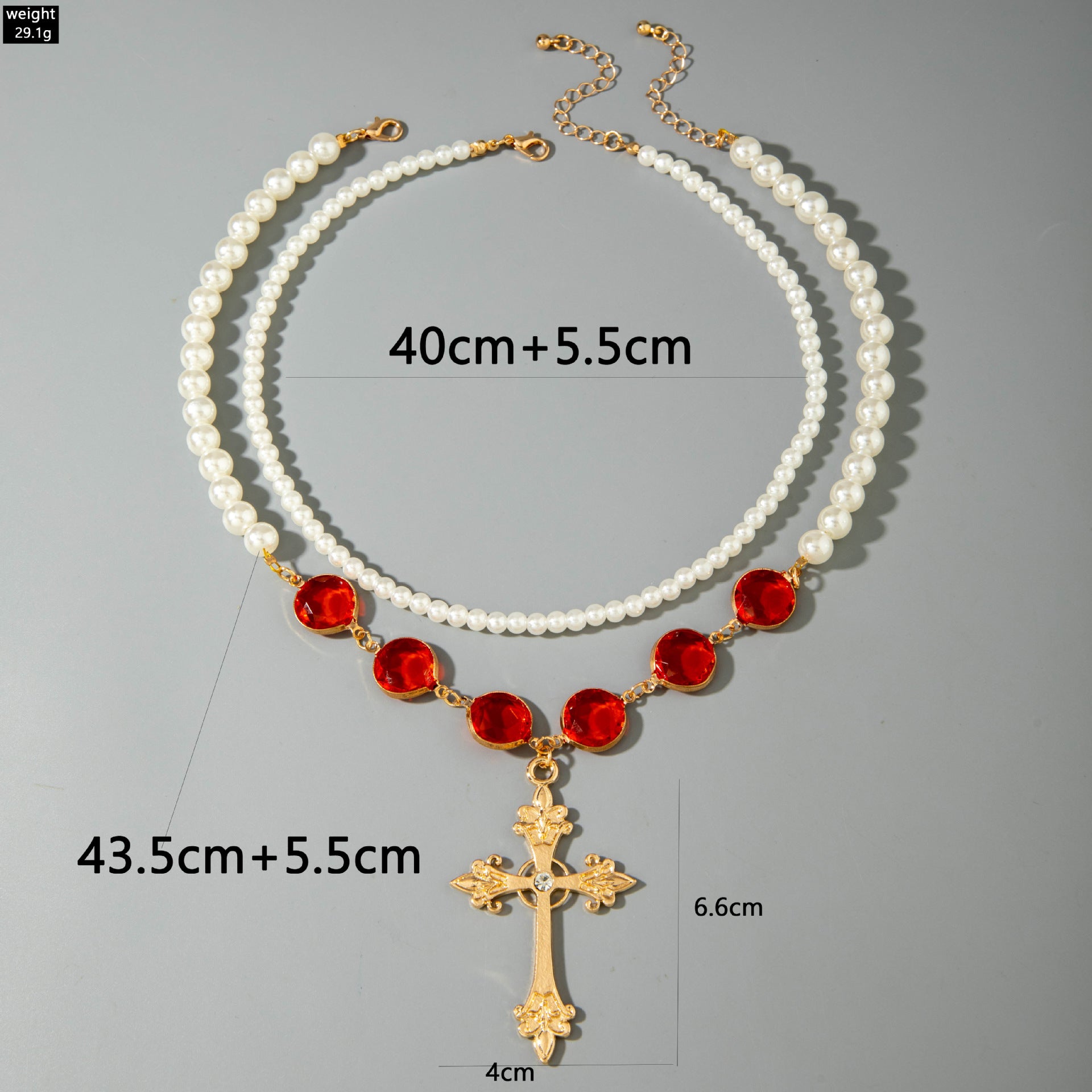 European and American Jewelry Red Diamond Cross Pendant Pearl Necklace Geometric Oval Red Diamond Necklace Wholesale