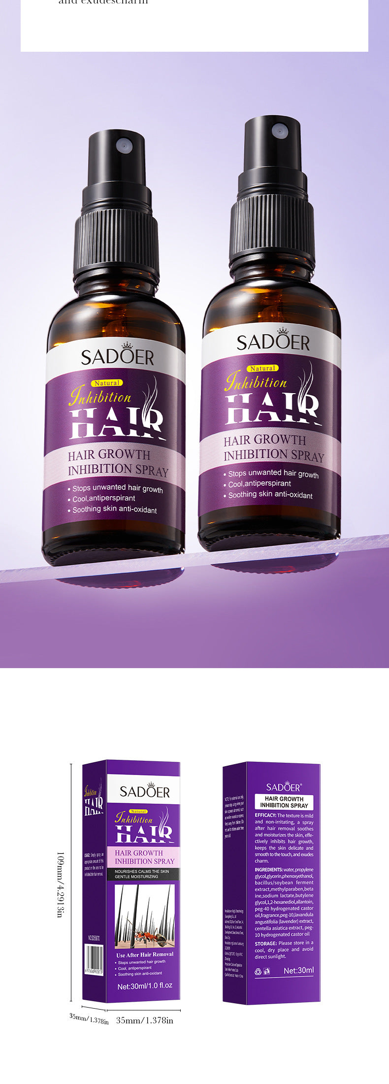 Full English Hair Growth Inhibitor Spray SADOER Inhibiting Underarm and Leg Hair Spray  Wholesale