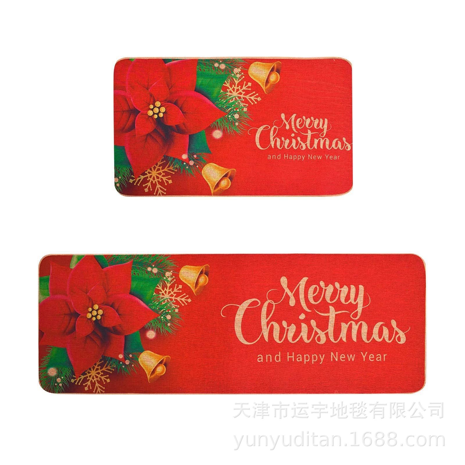 Christmas Kitchen Floor Mat Two-Piece Set Crystal Velvet Water-Absorbent Oil-Absorbent Non-Slip Foot Mat Holiday Decorative Floor Mat
