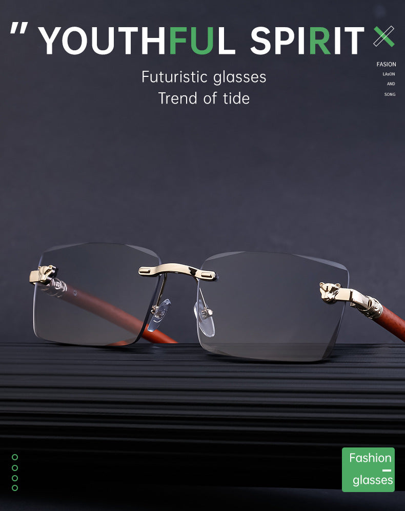 European and American Retro Frameless Sunglasses for Men with Imitation Wood Grain Temples, Men's Mountaineering Glasses shades