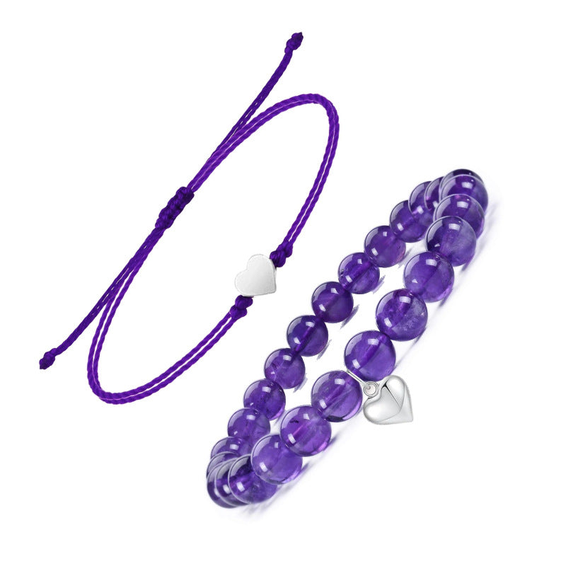 Black Onyx Heart Pendant Bracelet Set Natural Stone8mm Beaded Crystal Bracelet Women's Love Braided Bracelet