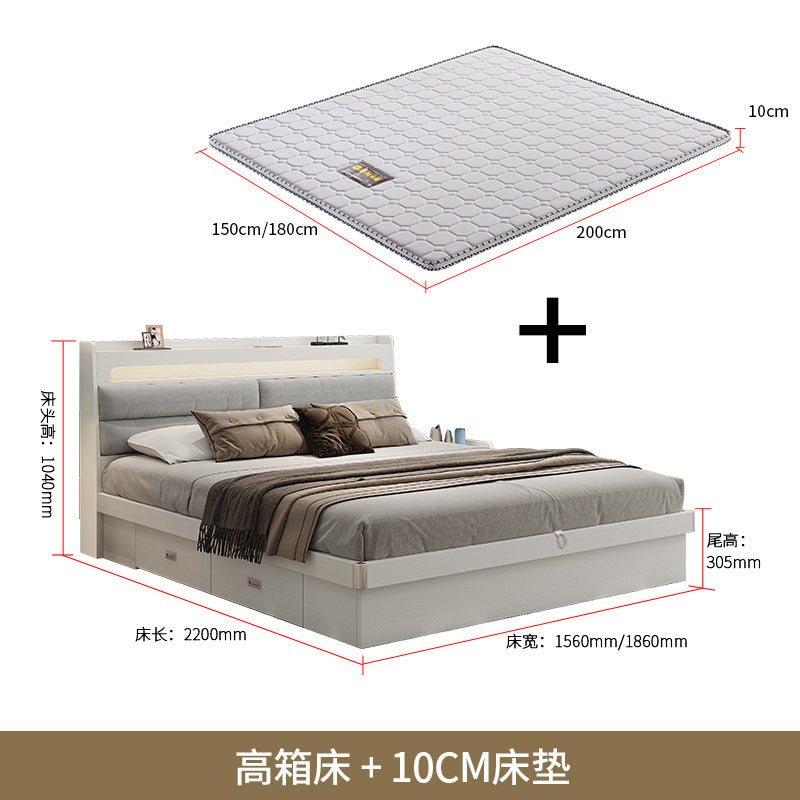 Fabric Bed1.5Small Apartment Master Bedroom Soft Pack Technology Fabric Modern Double Bed White Simple Solid Wood Storage Bed