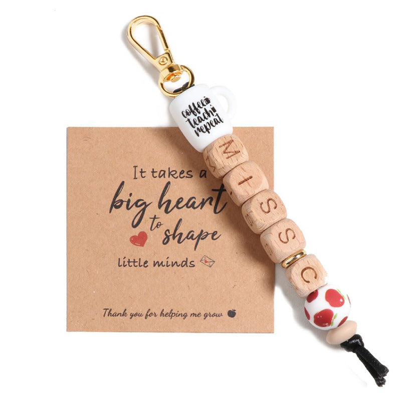 Teacher Appreciation Water Bottle Pendant Thank You Teacher Apple Ornament MISS Letter Square Wooden Bead Keychain Jewelry Accessories
