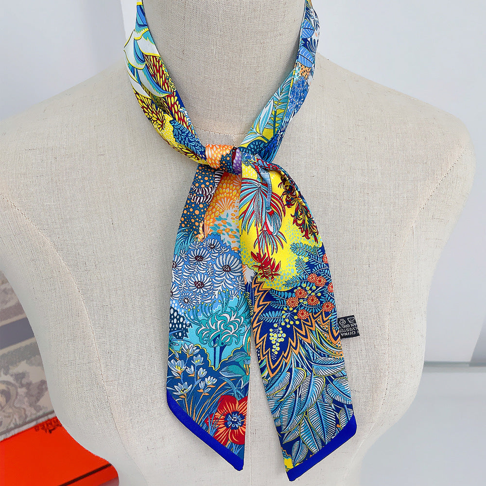 European and American Korean Version Plant Jungle Horse Women's Twill Ribbon Long Strip Ribbon Bag Tie Ribbon Hairband Small Scarf Scarf