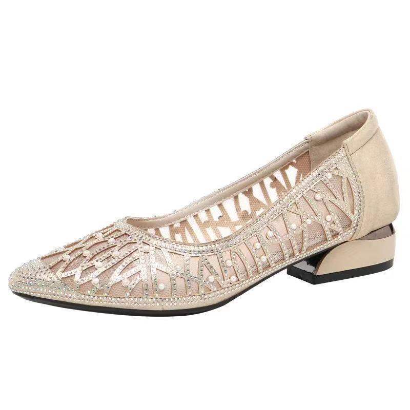 Women's Rhinestone Soft Leather Sandals2025Summer New Flat Hollow Mesh Shoes Shallow Mouth Mesh Single Shoes for Women