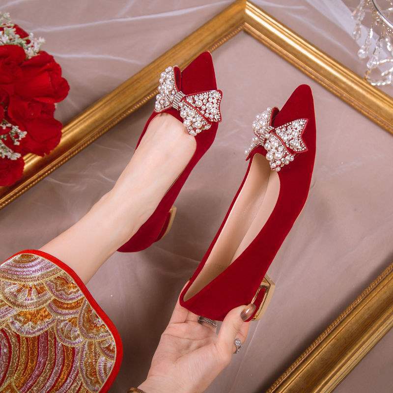 Wedding Shoes for Women Bride Low Heel Chinese Style Xiuhe Wedding Dress Two-Way Toast Red High Heel Maternity3Flat shoes that don't tire your feet