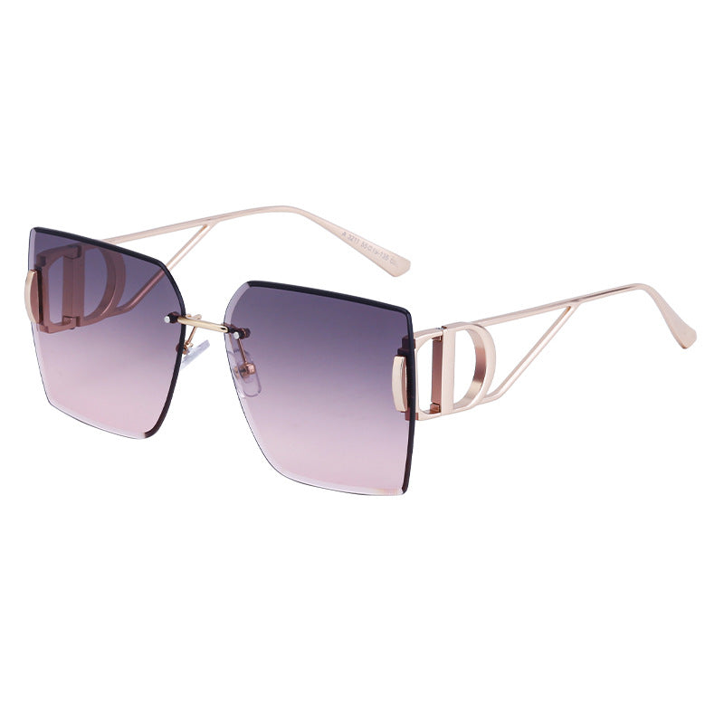 New European and American Fashion Diamond Cut Edge Rimless Sunglasses for Women Trendy Hollow Temple Large Frame Sunglasses Women's Glasses