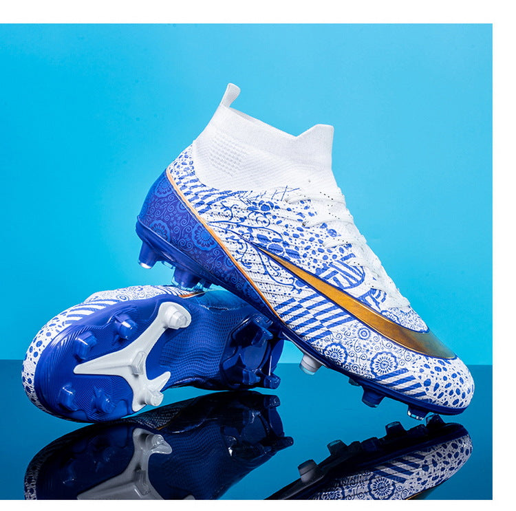 World Cup Same Style Blue and White Porcelain High-top Soccer Shoes for Men and Women, Children and Youth Competition Training Shoes
