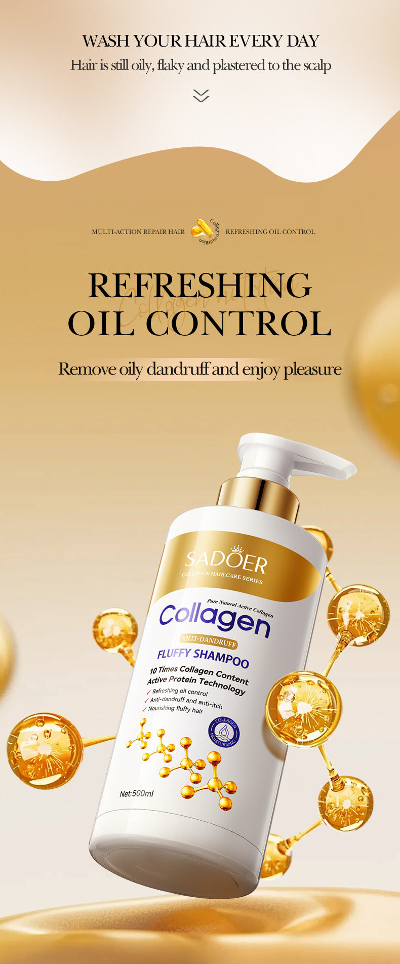 Full English Collagen Anti-Dandruff Shampoo500ml SADOER Smooth Clean Fluffy Shampoo Wholesale