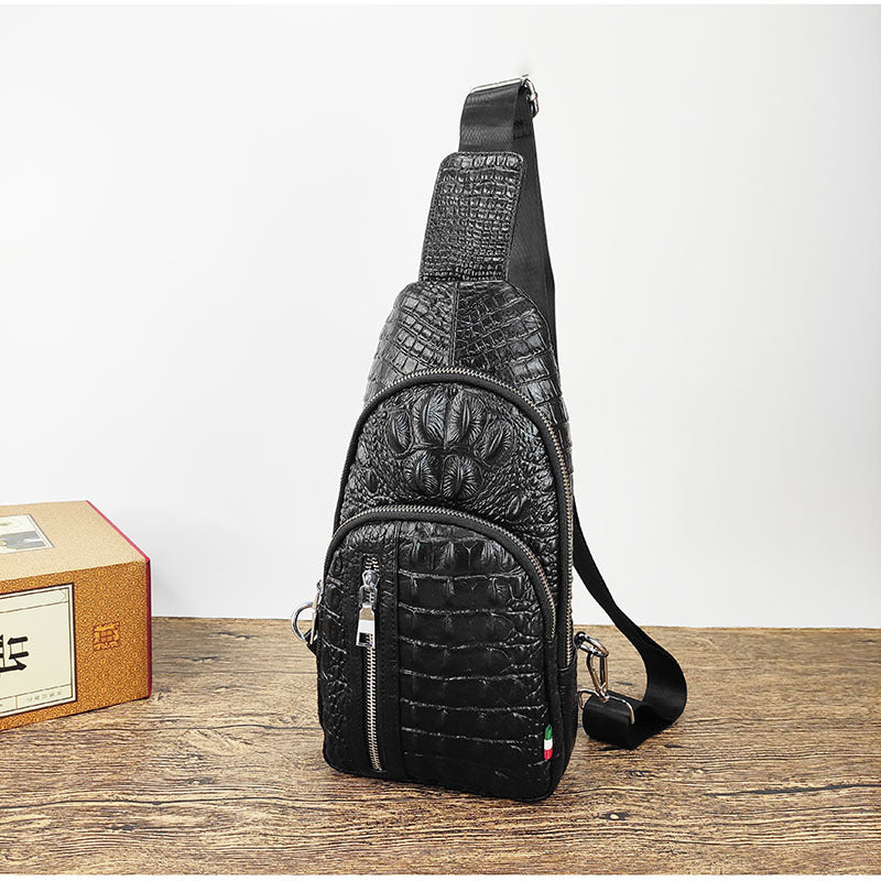 2025New European and American Fashion Crocodile Pattern Top Layer Cowhide Men's Password Lock Genuine Leather Chest Bag High-end Crossbody Bag