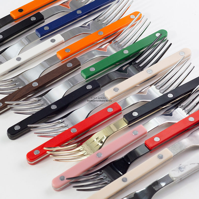 304Mirror Finish Western Tableware Set Color Block Two-Tone Handle Butter Knife Fork Spoon Clip Handle Steak Dessert Spoon Fork