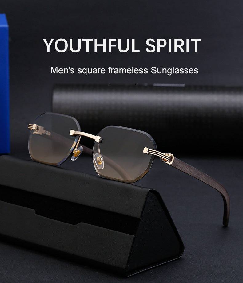 Frameless Glasses for Men High-End European and American Retro Imitation Wood Grain Temple Sunglasses UV Protection Personality Sunglasses