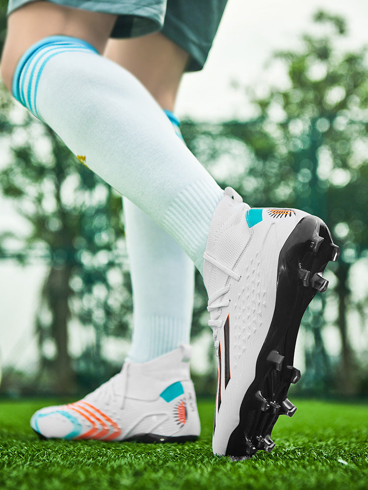 High-top Unisex Youth Soccer Shoes with Broken and Long Spikes for Grass Field Competition Training Student Sports Shoes