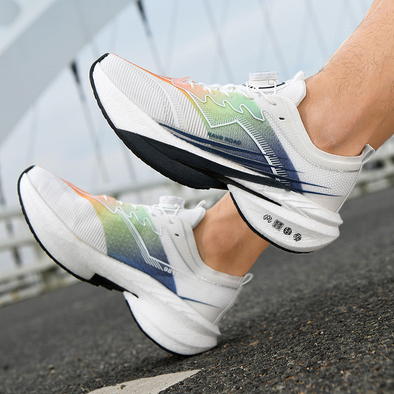 Summer New Hollow Breathable Rotating Buckle Racing Running Shoes Full Palm Carbon Plate Thick Sole Cushioning Sports Shoes