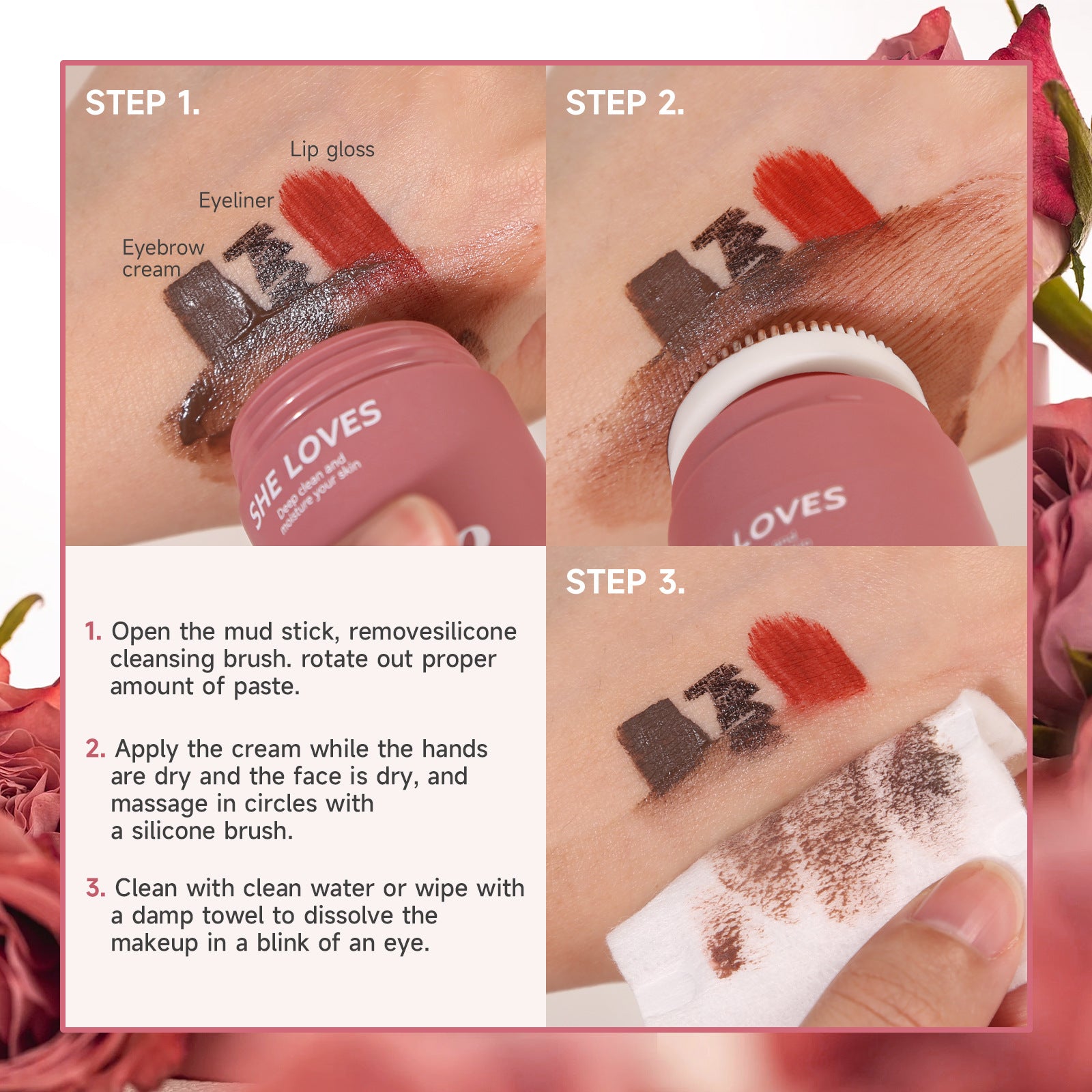 Exclusive Supply Rose Makeup Remover Balm Dissolving Makeup Eye Lip Face 3-in-1 Gentle Non-Irritating Makeup Remover Oil Lotion