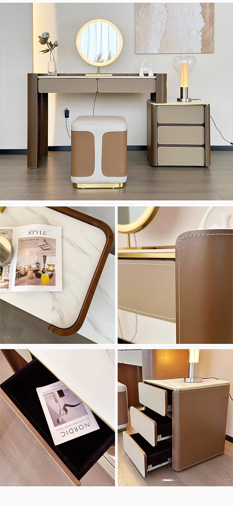 Italian Minimalist Saddle Leather Solid Wood Dressing Table Small Apartment Rock Board Makeup Table Chest of Drawers Integrated Bedroom Makeup Table