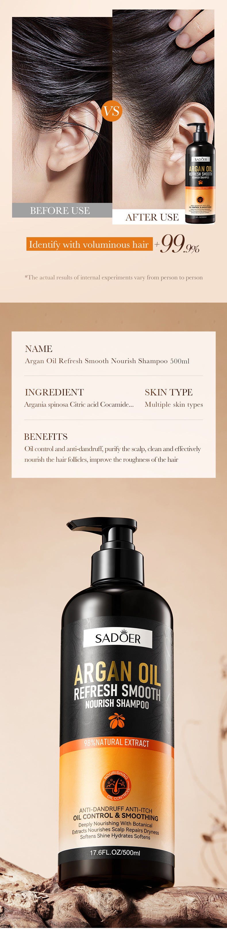 Argan Oil Shampoo500ml SADOER Smooth Anti-Dandruff Refreshing Conditioner Cross-Border Wholesale