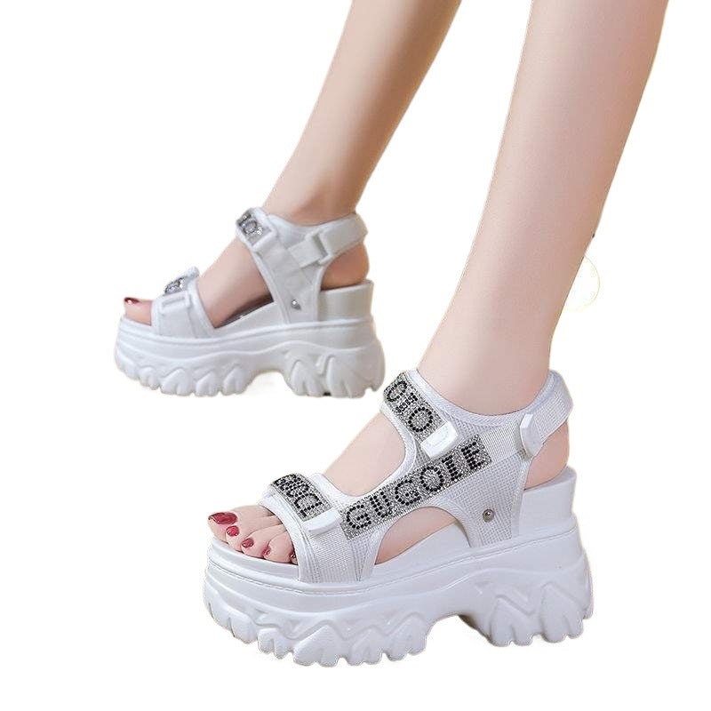 Women's Hidden Heel Sports Peep Toe Wedge Thick Sole Sandals2025Summer new style white rhinestone Velcro Roman shoes