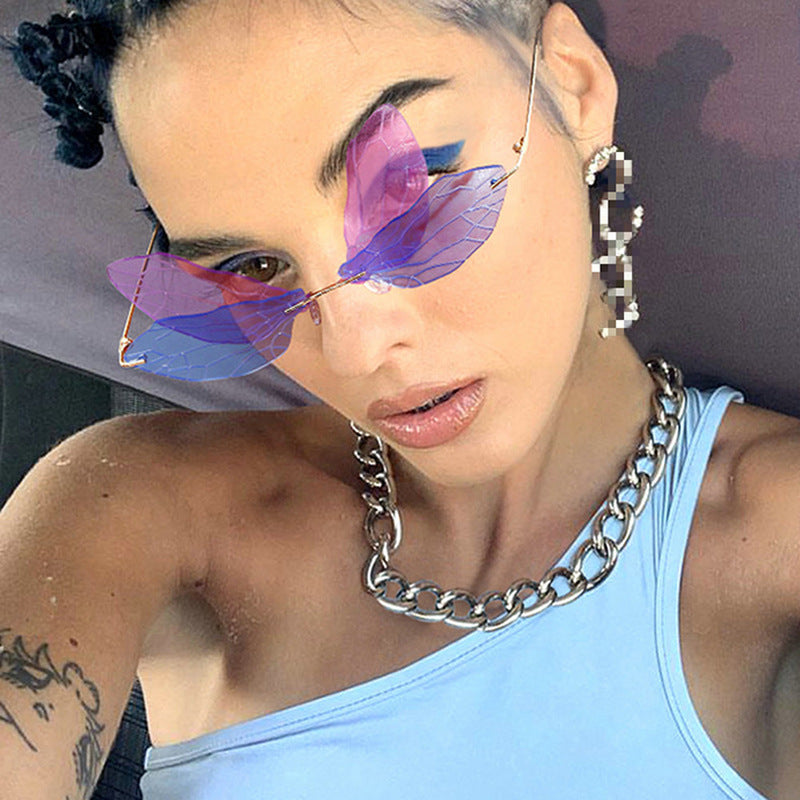Dragonfly Sunglasses for Women, Stylish Wing Design, Fashionable Double Lens Party Dance Frameless Sunglasses