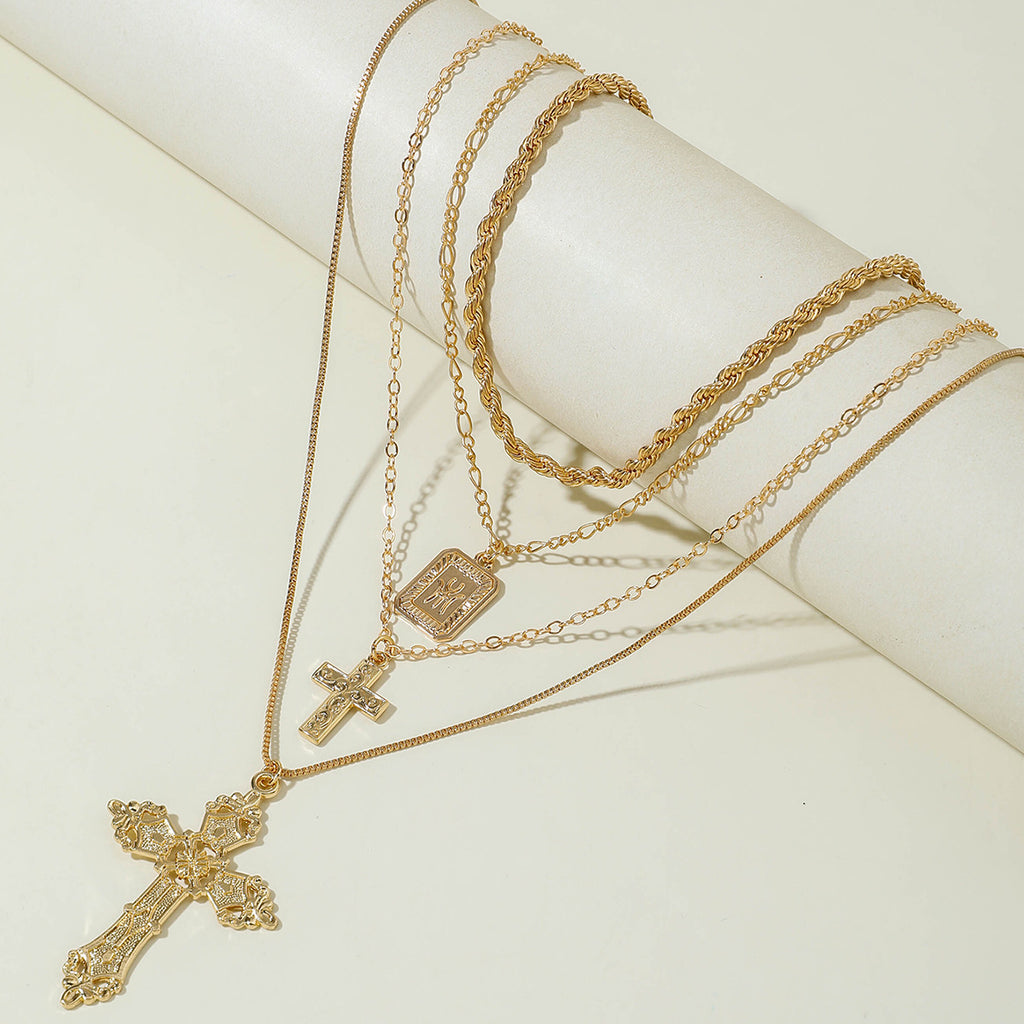 European and American Retro Hollow Diamond Cross Pendant Necklace Gothic Style Black Layered Wear Y Type Necklace
