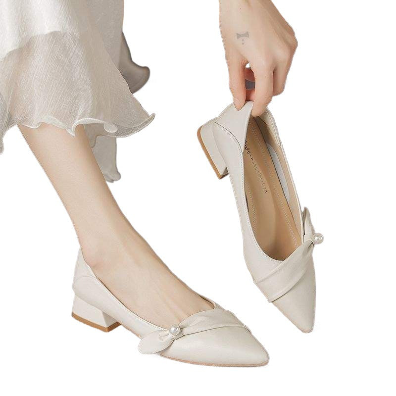 Women's French Style Professional Work Leather Shoes2025Spring and summer new style commuting temperament pointed toe chunky heel women's shoes