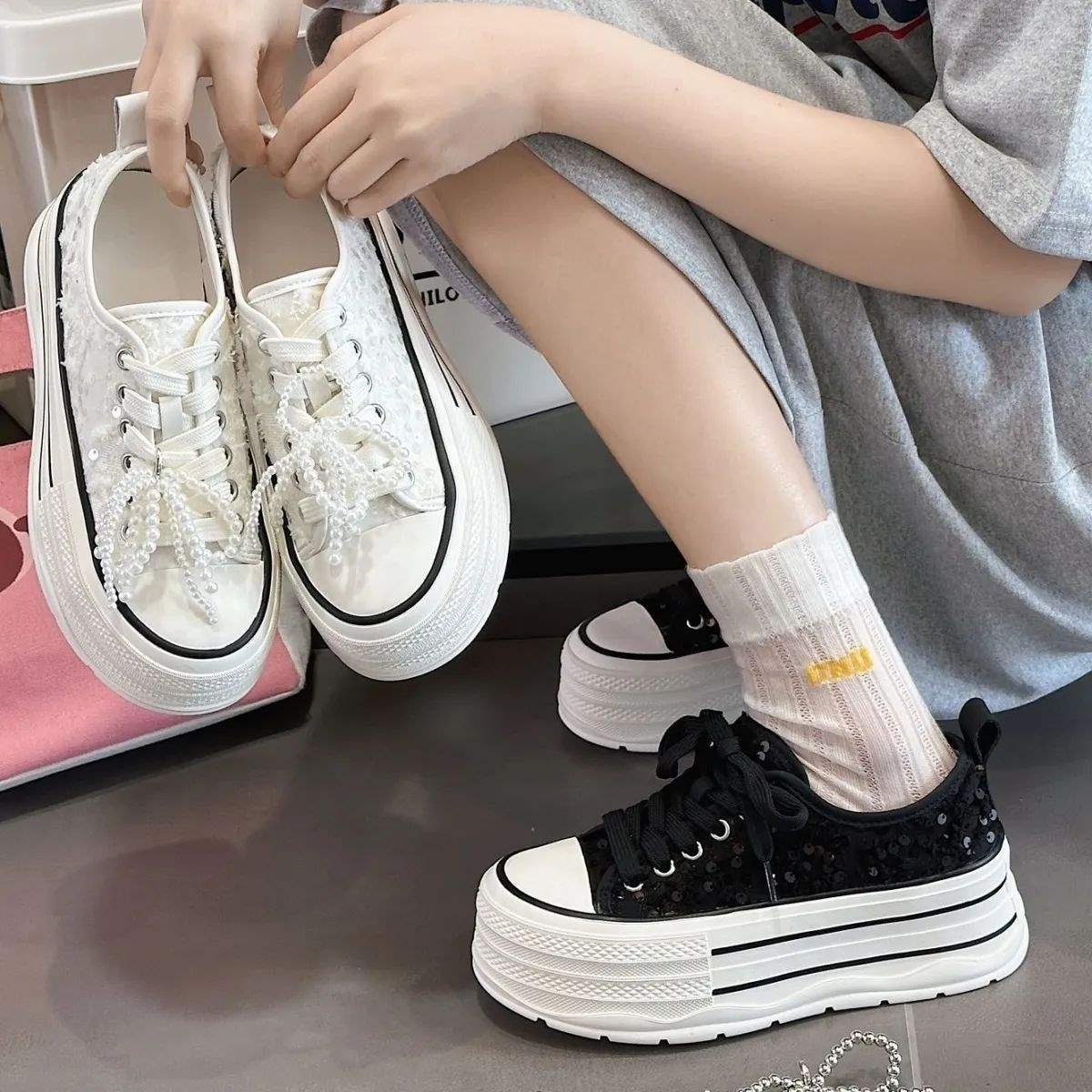Women's Thick-Soled Canvas Shoes2025Summer New Sequin Pearl White Shoes Lightweight Versatile Height-Increasing Casual Sneakers