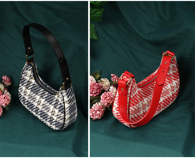 Unique Designer Trendy Women's Bag2024Summer New Fashion Versatile Plaid Crescent Underarm Handbag