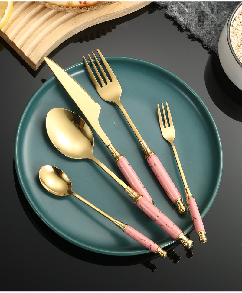 Stainless Steel Cutlery Restaurant Western Steak Knife Fork Imitation Marble Pattern Ceramic Handle Knife Fork Spoon Tea Spoon Tea Fork Set