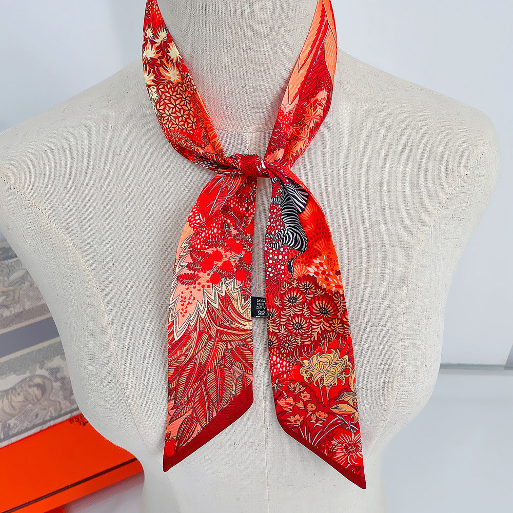 European and American Korean Version Plant Jungle Horse Women's Twill Ribbon Long Strip Ribbon Bag Tie Ribbon Hairband Small Scarf Scarf