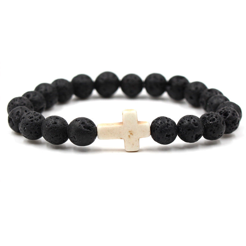 Easter Cross Bracelet Men's Personalized Gift Turquoise Bracelet8mm Beaded Volcanic Stone Cross Bracelet