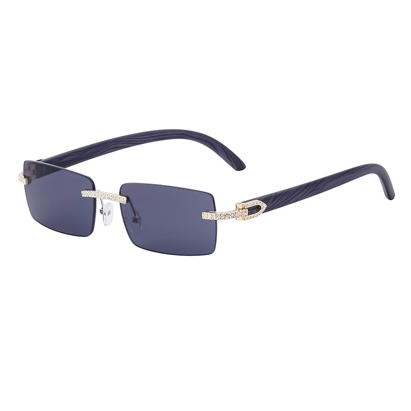 European and American Retro Frameless Men's Sunglasses with Diamond Inlay and Wood Grain Temples New Style Glasses Wholesale shades
