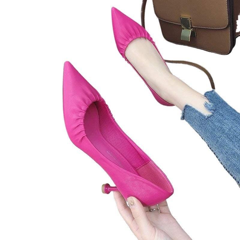 Women's High Heels2025New European Style Thin Heel Mid Heel Pointed Toe Fashion Chanel Style Single Shoes Work Leather Shoes for Women