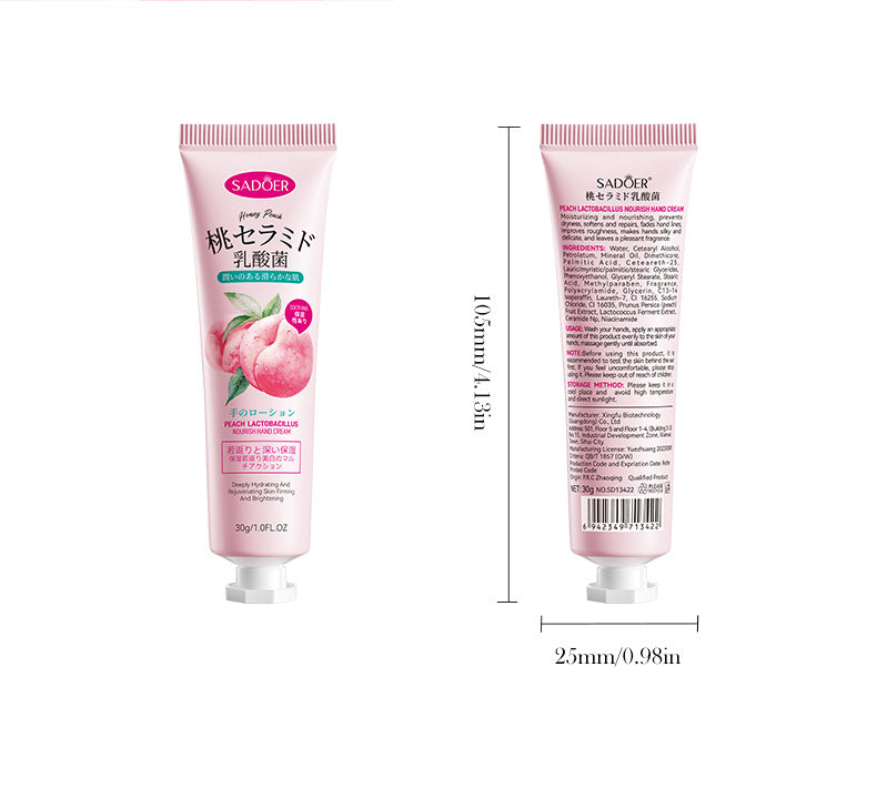 Peach Lactobacillus Hand Cream SADOER Nourishing Autumn and Winter Anti-Dry Crack Hand Cream Cross-Border Foreign Trade Wholesale