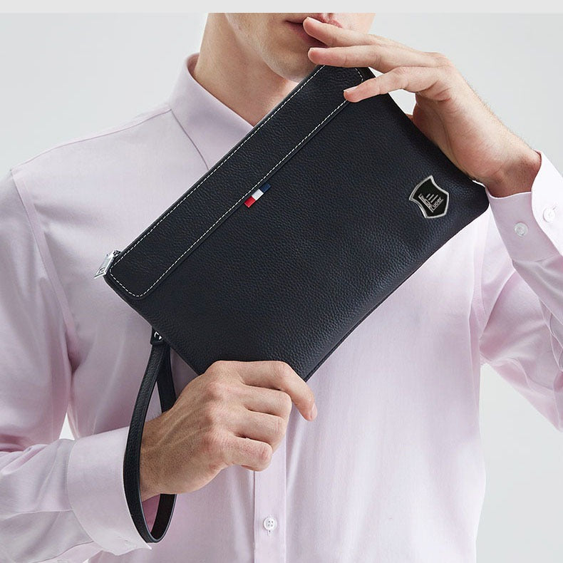 Business Commuting Genuine Leather Clutch Bag for Men, Casual Large Capacity Top Layer Cowhide Men's Handheld Wallet Phone Bag